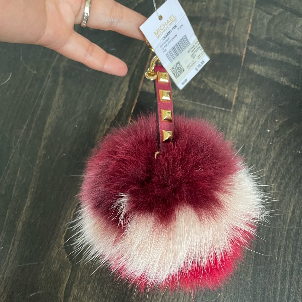 Michael Kors Burgundy and Cream Fur Pom Pom Keychain